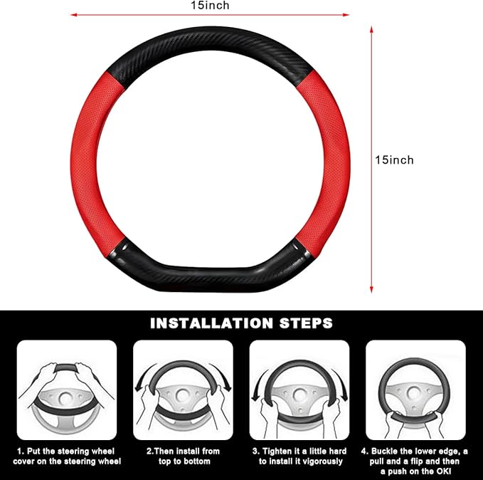 Car Breathable Steering Wheel Cover, Carbon Fiber Wear-Resistant D Shape Steering Wheel Protector for Comfy Grip, Universal N