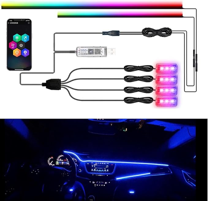 LED Interior Car Strip Light, Multicolor RGB 6 in 1 Optic Ambient Lighting Kits，Dual Control with Switch and A P P, Neon Lights On Car Dashboard with Music Sync Mode (6 in 1)