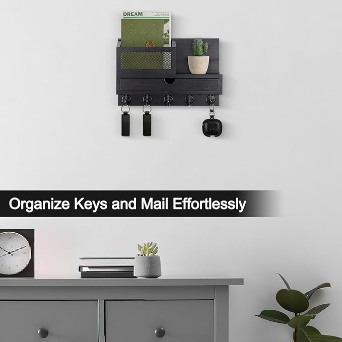 Key Holder Wall Mount, Key Holder for Wall with 5 Key Hooks and Storage Drawer Mail Organizer for Entryway Living Room Farmho