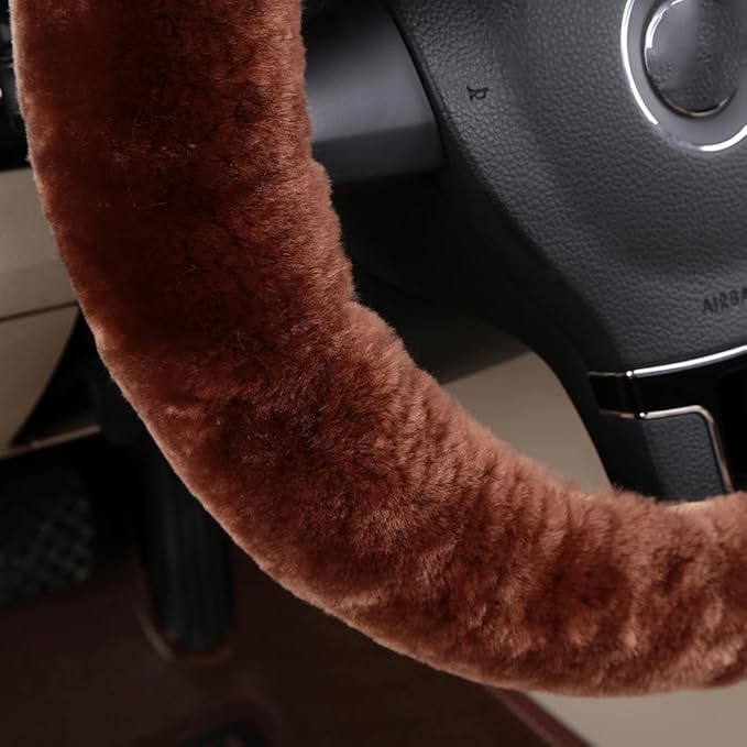 Fluffy Fur Wool Sheepskin car Steering Wheel Cover, Fuzzy Protector for Universal Steering Wheel 15inch, Anti-Slip,Comforting