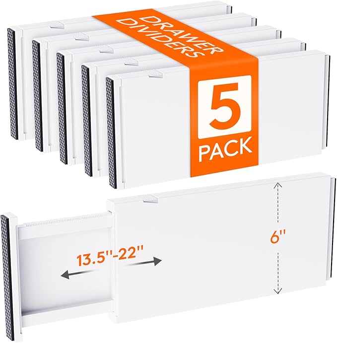 Lifewit 5 Pack 6" High Drawer Dividers 34-56cm/13.5-22" Adjustable Drawer Organizer for Clothes/Utensils, Expandable Drawer S