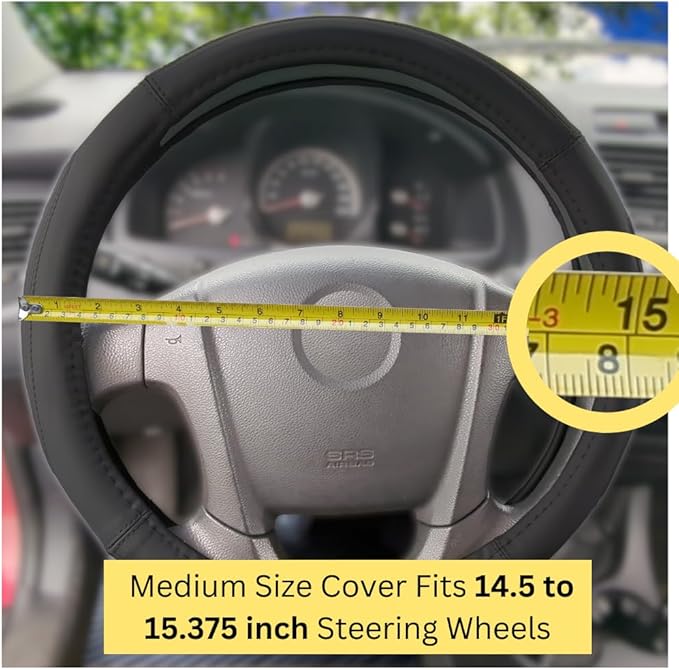 Steering Wheel Cover, Black, Real Genuine Leather, 15 inch, for Men and Women, Universal, Stretch On, Heat Resistant, Stays Cool, Non-Slip, HANWOLF