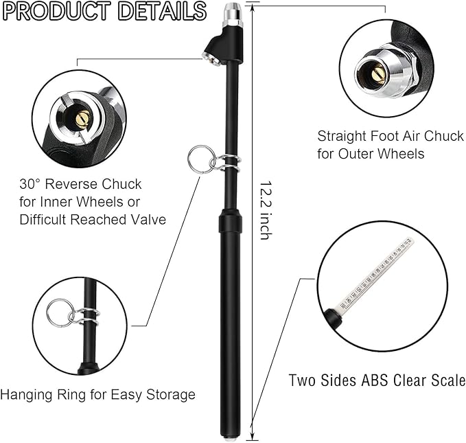 Tire Pressure Gauge Heavy Duty Dual Head Truck Tire Gauge Solid Brass Body Black Painting, Aluminum Slide, with Hook, Range 10-150psi for Bike Car SUV Vehicle Tester 2PCS