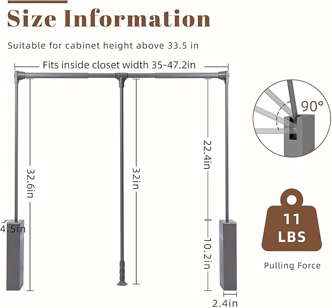 Nisorpa Pull Down Closet Rod, Adjustable 35-47 Inch Aluminium Soft-Close Wardrobe Lift Rail Organizer for Hanging Clothes, Tw