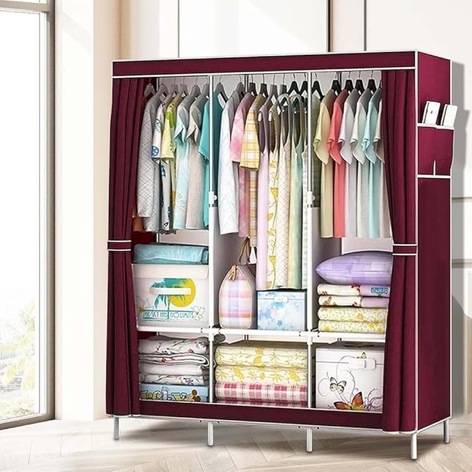 Clothes Organizer 3 Hanging Rod Shelf Portable Closet with Cover Clothes Rack Standing Closet Clothes Storage Wardrobe Garmen