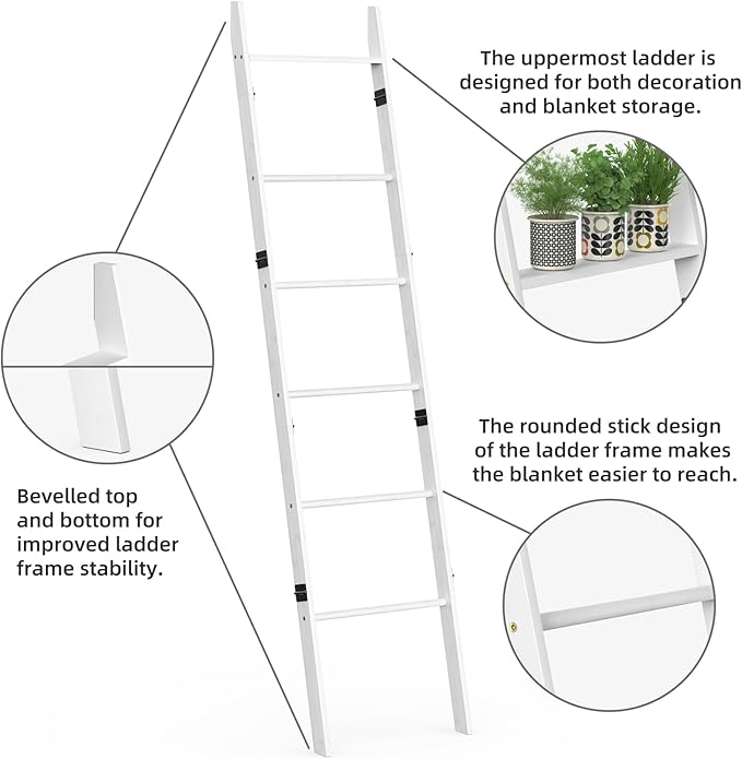BAMBANG 6-Tier Blanket Ladder for Living Room, Blanket Quilt Ladder Rack Rustic Decorative Towel Holder, Wall Leaning Blanket