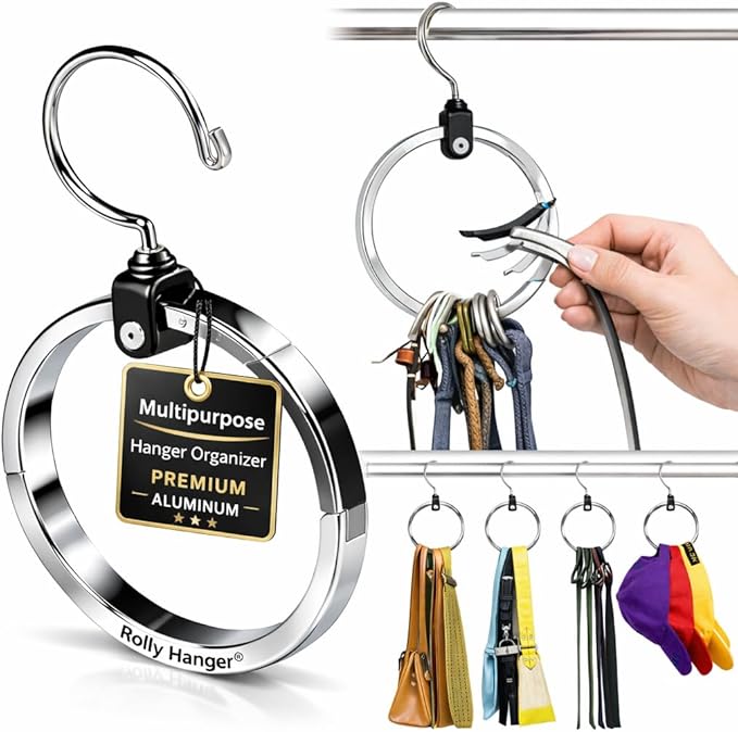 Rolly Hanger® Closet Space Saver – Premium Rotating Aluminum Organizer for Belts, Ties, Hats & Handbags – Heavy Duty 360° Swi