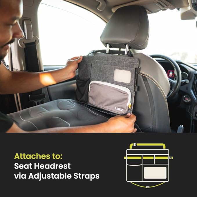 Luno Backseat Car Organizers - Travel Organizer for Road Trip Essentials w/iPad Holder, Snap-On Pouch, Bottle Slot & G-Hooks for Road Trip & Camping - Seat Protector & Organizer Fits All SUVs & Cars