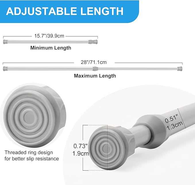 2 Pack Tension Curtain Rod 15.7-28 Inch, Small Short Adjustable Extendable Spring Loaded Rods for Windows Cabinet Blinds Clos