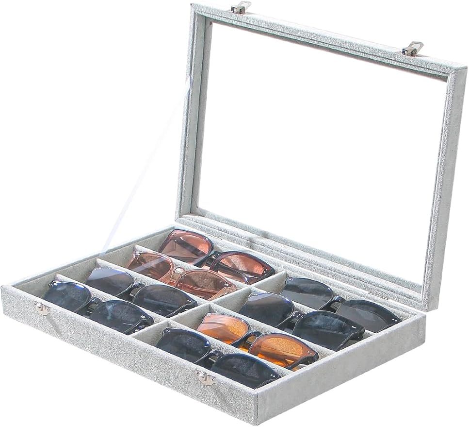 Coward Sunglass Organizer Tray Box, Grey Beige Velvet Eyeglasses Display Tray Case with Transparent Glass Lid for Home Use or