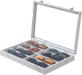 Coward Sunglass Organizer Tray Box, Grey Beige Velvet Eyeglasses Display Tray Case with Transparent Glass Lid for Home Use or
