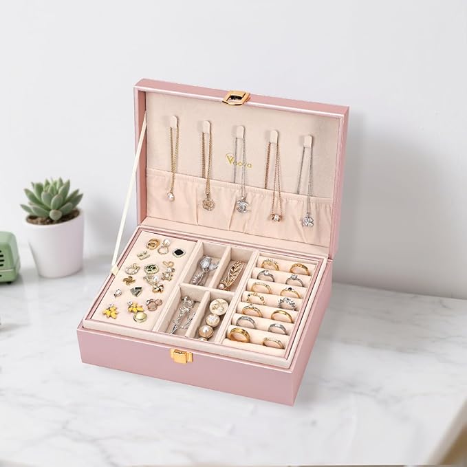 Voova Jewelry Box Organizer for Women Girls, 2 Layer Large Men Jewelry Storage Case, PU Leather Display Jewellery Holder with