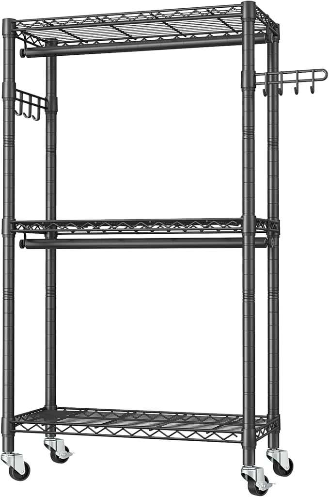 Heavy Duty Clothes Rack Rolling Garment Rack,3 Tier Adjustable Wire Shelving Clothing Racks for Hanging Clothes with Double R