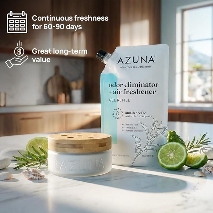 Azuna Air Freshener & Odor Eliminator for Strong Odor | 2 Room Kit Includes (2) 8 oz. Empty Luxe Glass Jars & 12 oz | Refill 
