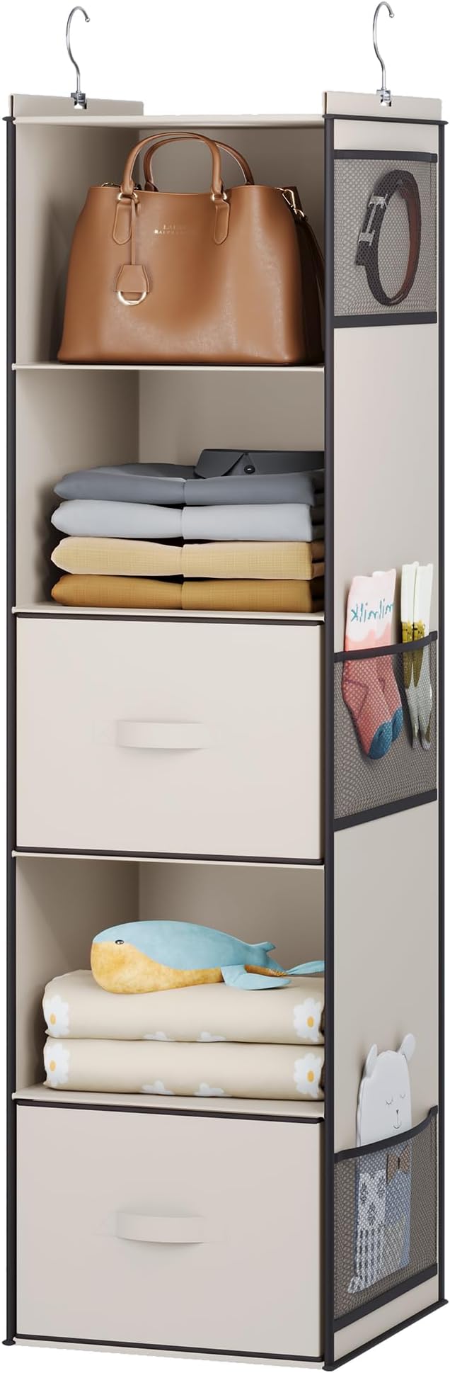 YOUDENOVA Hanging Closet Organizer, 5 Tier Hanging Closet Shelves with 6 Side Pockets and 2 Drawers, Beige
