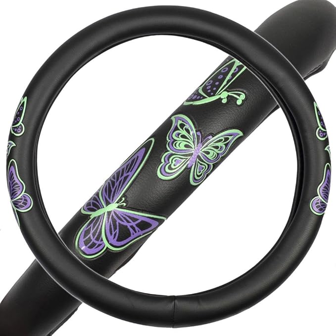BDK GripGrab Comfort Grip - Purple & Green Butterflies on Black Synthetic Leather Steering Wheel Cover 15 inch