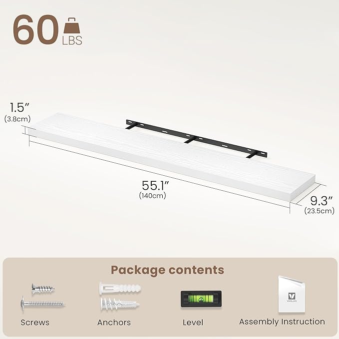 Vivelove White Floating Shelves 55 Inches Long, Wall Display Shelves with Invisible Brackets, for Bathroom Living Room Kitche