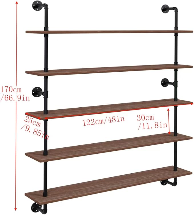 Floating Shelves for Wall Bookshelf Industrial Pipe Shelving Shelves 48 Inch 5 Tier Natural Wood Planks Rustic Wall Shelves H