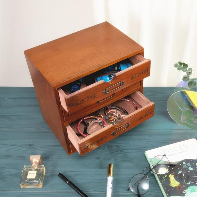 Wooden Storage Box with 4 Drawers Vintage Office Supplies and Accessories Letter Tray Wood Desktop School Supply Organizer Li