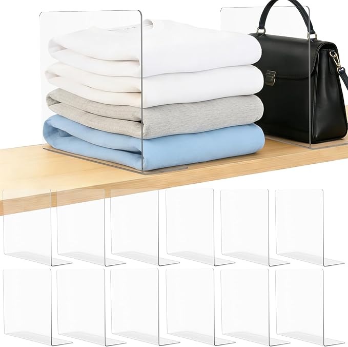 Shelf Dividers for Closet Organization: 12" Tall x 10" Deep Acrylic Closet Shelf Dividers for Clothes Sweater Purse - Clear O
