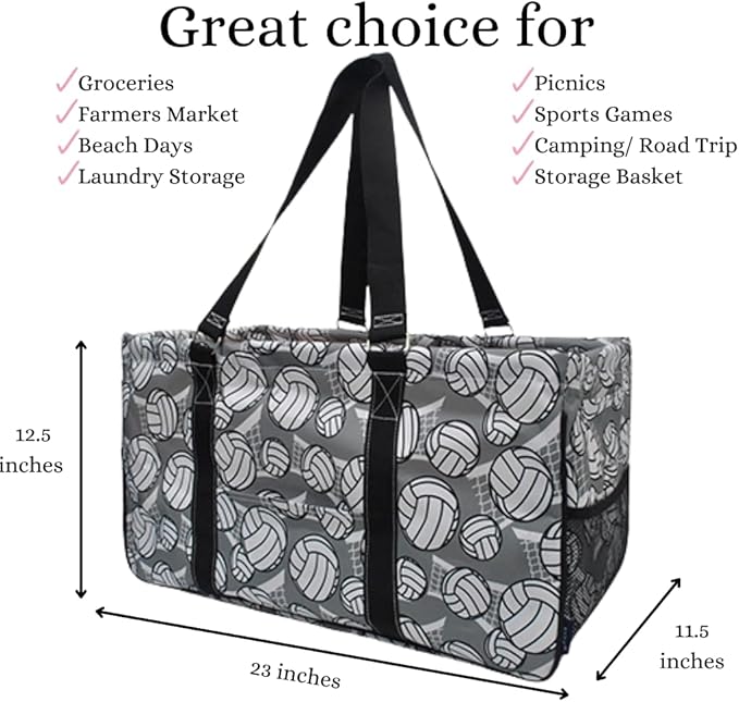 NGIL Extra Large Utility Tote Reusable Grocery Bag Oversized Collapsible for Groceries, Storage, Picnic, Beach (Volleyball-Black)
