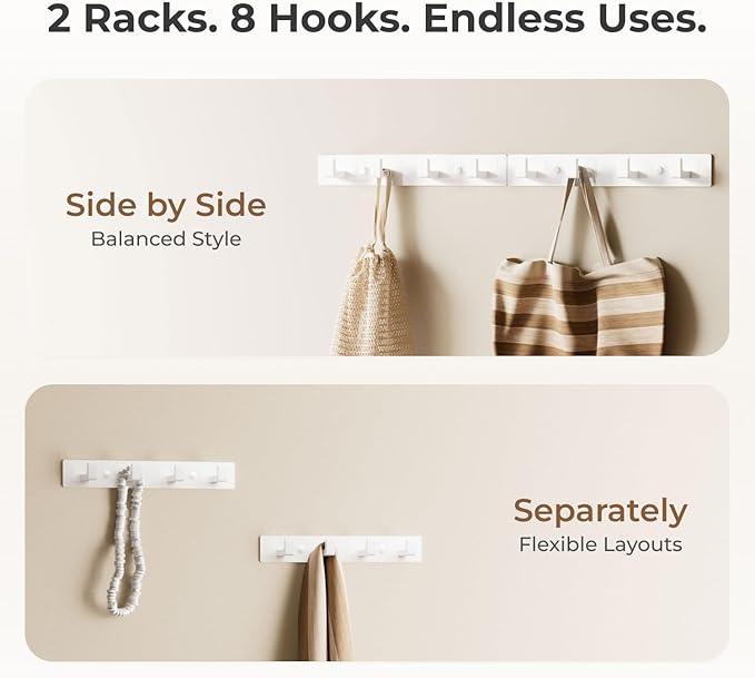 GWAAZXGZ White Wall Mounted Coat Rack - 2 Modular Rails (25'' Total), 8 Right-Angle Hooks, Modern Organizer for Entryway, Bat