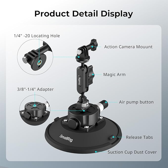 SMALLRIG 6" Suction Cup Mount with Ball Head Magic Arm, Action Camera Mount for DJI Osmo Action 5 Pro/4, for Insta360 x5, for Gopro 13/12, Load Capacity 3kg, on Car Windshield or Window - 5856