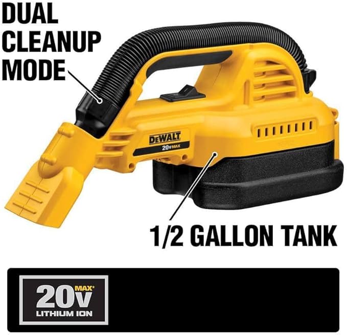 DEWALT 20V MAX Hand Vacuum, Cordless, for Wet or Dry Surfaces, 1/2-Gallon Tank, Washable Filter, Portable, Bare Tool Only (DC