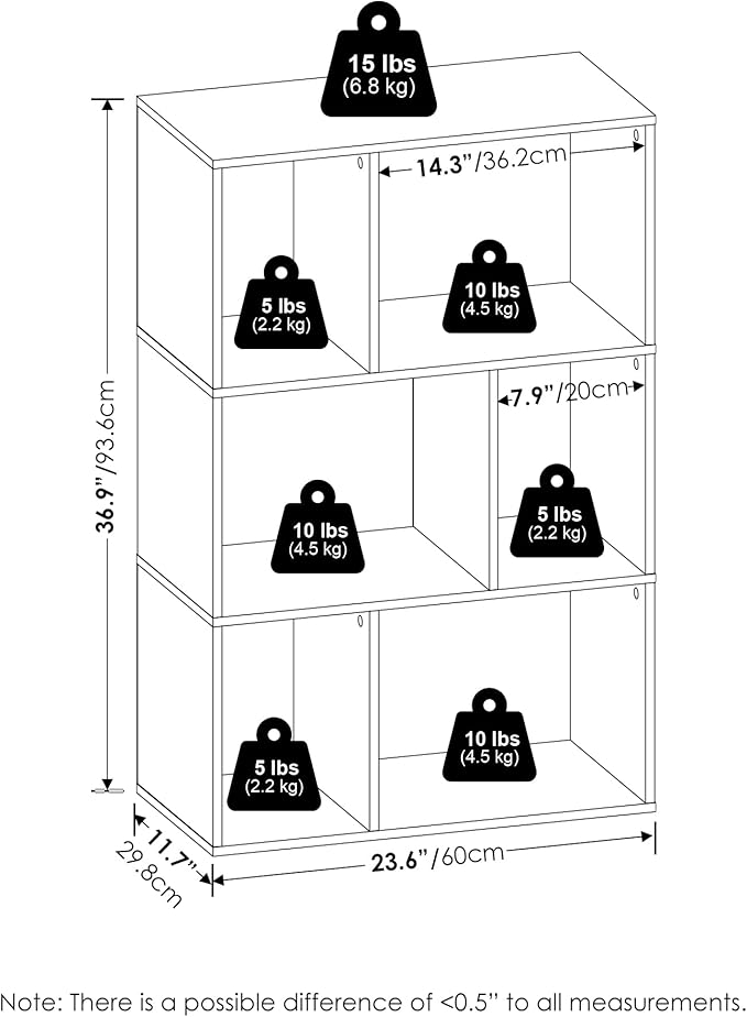 Furinno DALY Book Shelf, 6-Cube Bookshelf, Cube Storage Organizer Bookcase with Irregular Compartments, 11.7 x 23.6 x 36.8, f