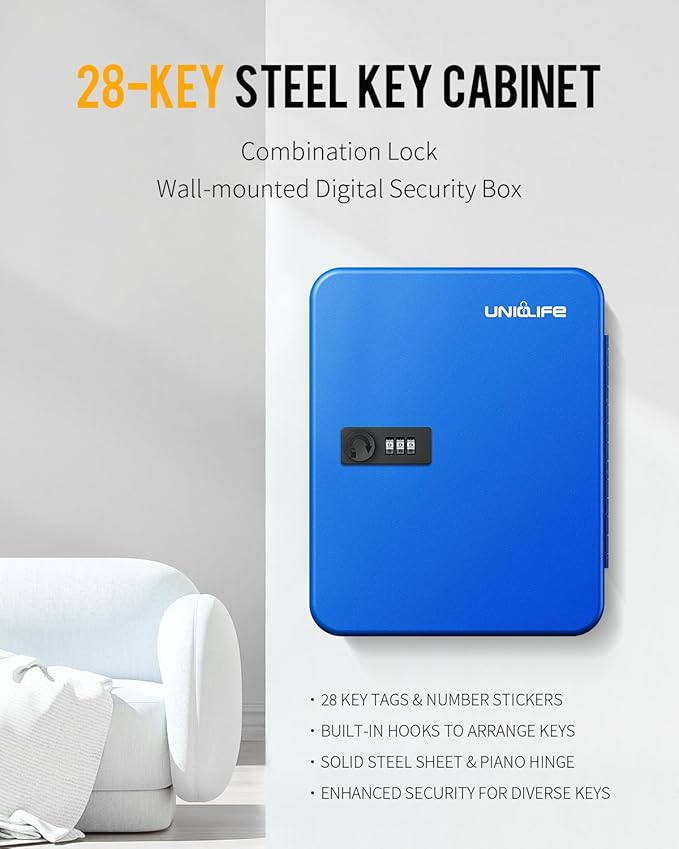 Uniclife 28 Keys Steel Key Cabinet with Resettable Code Blue Wall Mounted Key Organizer with Combination Lock Digital Securit