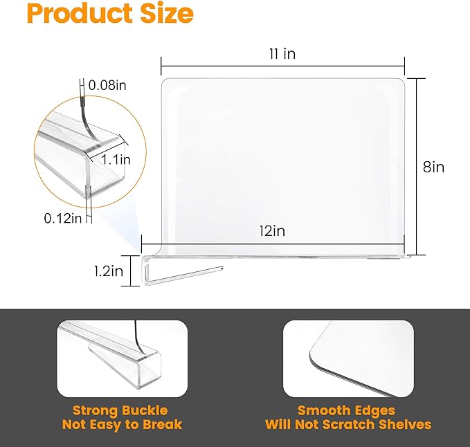OKPOW Shelf Dividers for Closet Organization: 8" Tall X 12" Deep Acrylic Clear Sturdy Separators for Clothes Purse - Adjustab