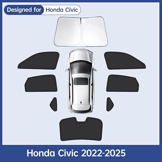 8pcs Car Window Shades for Honda Civic 2022 2023 2024 2025, Full Car Window Covers for Privacy, Sunshades for Civic Front Rear Windshield Side Windows to Block UV and Protect Privacy
