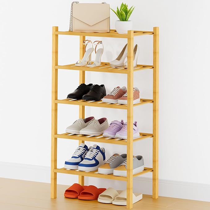 Smiry Shoe Rack, 5 Tier Thick Small Bamboo Shoe Organizer, Stackable Free Standing Wooden Shoe Storage Shelf for Closet, Entr