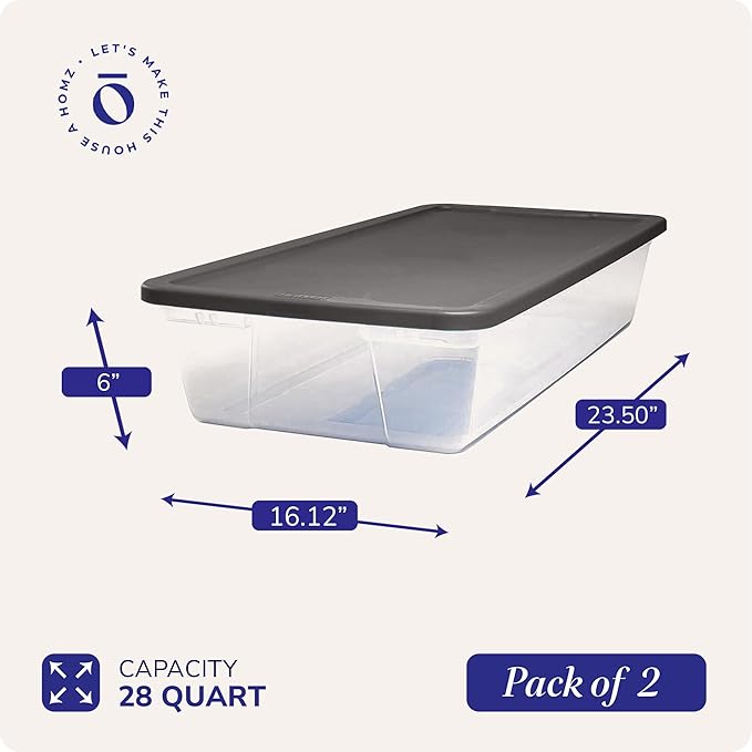 HOMZ 2-Pack Snaplock, Small Clear Plastic Storage Organizer Bins w/ Lids, 28 Quart, Gray - Stackable Container Boxes for Bedr
