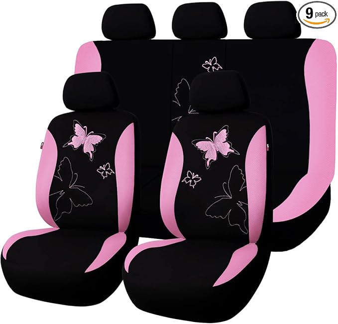 Flying Banner Butterfly car seat Covers ful Set Fashion Universal Lady Woman Female Rear Bench Split Colorized (Pink, Full Se