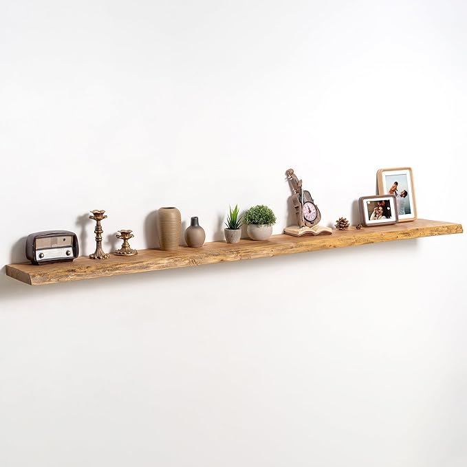 fuqing Live Edge Floating Shelves for Wall 72 inch, 8 Inch Deep Solid Elm Wood Floating Wall Shelves - Rustic Wooden Shelves 