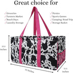 NGIL Extra Large Utility Tote Reusable Grocery Bag Oversized Collapsible for Groceries, Storage, Picnic, Beach (Cow Splatter-HotPink)