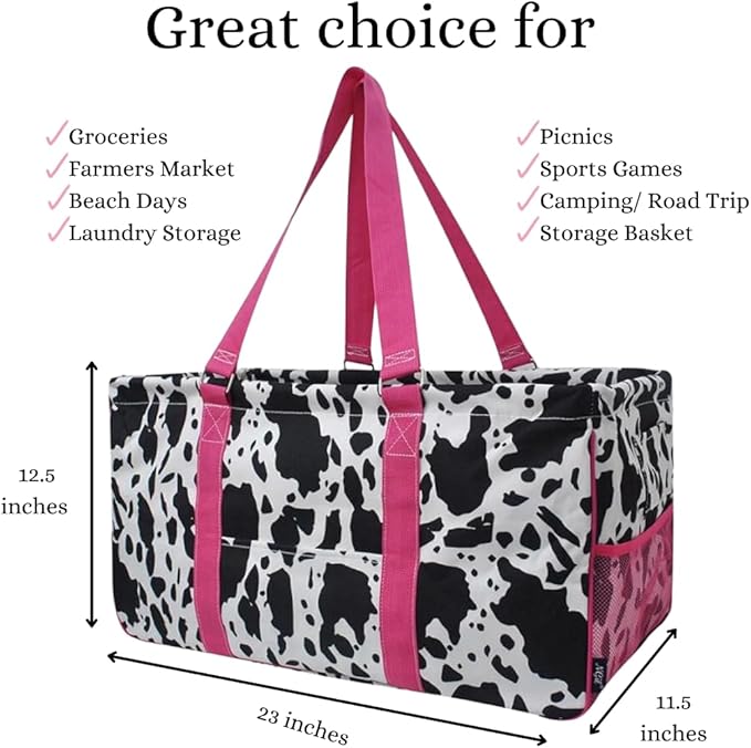 NGIL Extra Large Utility Tote Reusable Grocery Bag Oversized Collapsible for Groceries, Storage, Picnic, Beach (Cow Splatter-HotPink)