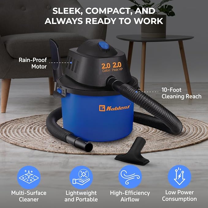 Koblenz WD-2L Portable Wet Dry Vacuum, 2-Gallon 2 PHP Suction Plus Blower Vacuum Cleaner for Liquids, Dust, Pet Hairs, 10' Re