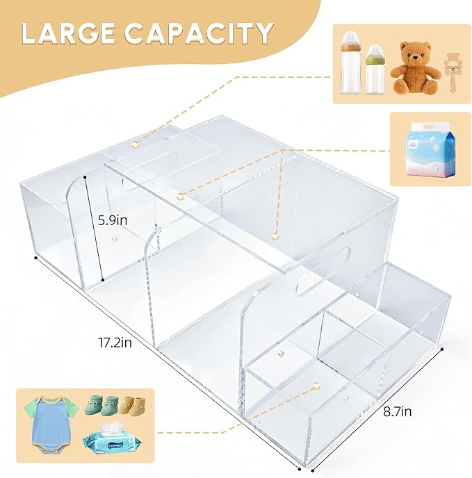 Diaper Caddy Acrylic, Baby Changing Table Organizer, Dresser Tabletop Organizer with 4 Detachable Compartments, Storage for W