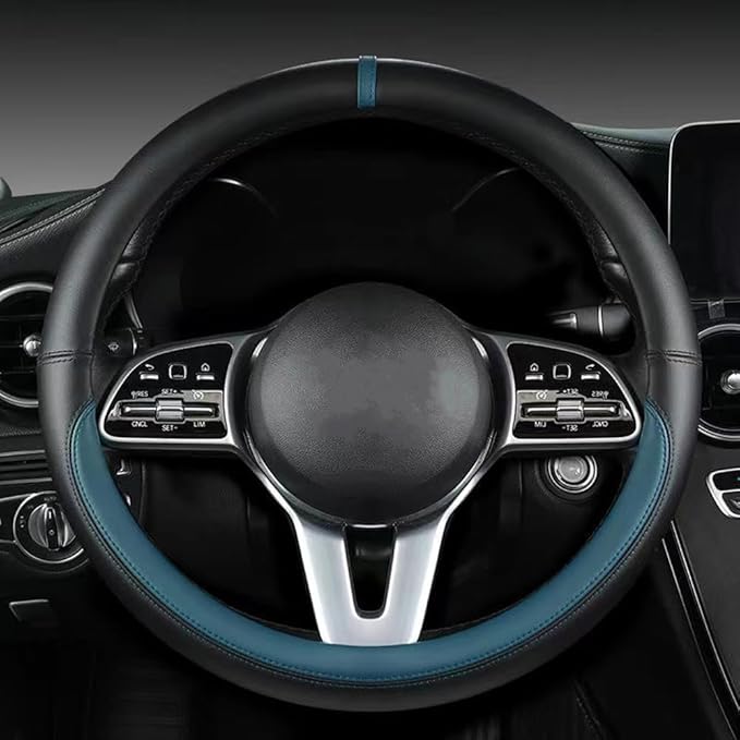 Morandi Color Steering Wheel Cover, Nappa Leather, Fashionable Sporty Style, Universal 15 inches,Black and Blue