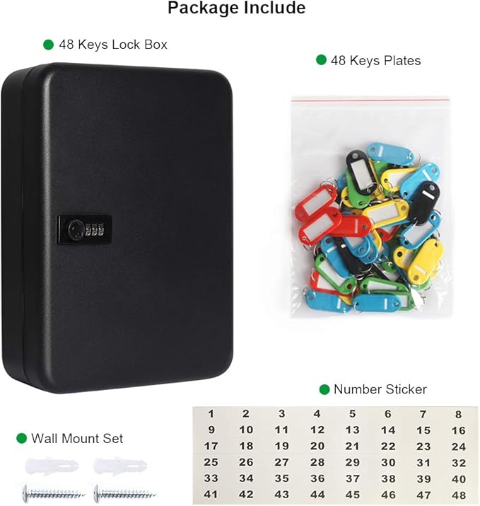 Jssmst Wall Mount Key Storage Box with Code, Locking Key Cabinet Security, 48 Key Hooks & Tags Labels, 11.81 x 9.45 x 2.95 in