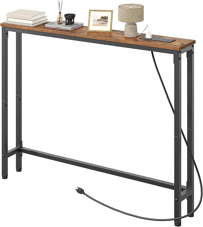 HOOBRO Floating Shelves and Console Table Bundle, 15 Inch Wall Shelf Set of 2, 39.4 Inch Narrow Entryway Table with Power Out