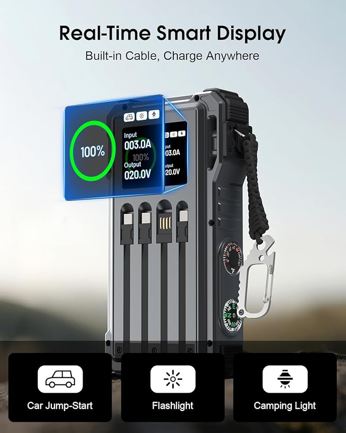 Solar Power Bank 44400 mWH, 45W Fast Charging with 4 Built-in Cables & Car Battery Jumper Starter Portable, 12V Battery
