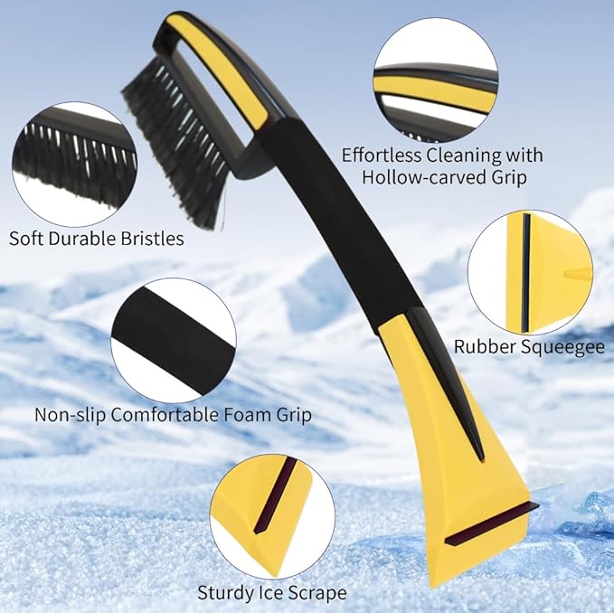 Snow Brush with Ice Scrapers for Car Windshield, Car Brush with Foam Grip, Winter Accessories, Wider Snow Scraper for Window, SUVs, Cars, Detachable Snow Removal Tool, Scratch-Free (Yellow)