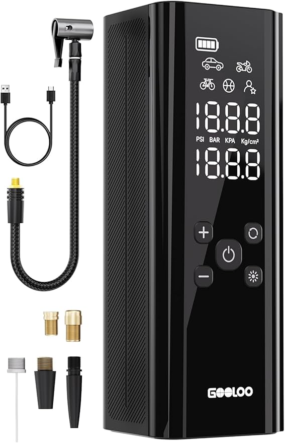 GOOLOO GT150 Tire Inflator Portable Air Compressor，4X Faster 150PSI Cordless Air Pump for Car Tires with Tire Pressure Gauge, Smart Electic Tire Pump with Auto-Shutoff for Pickup, Motor, Bike，Balls