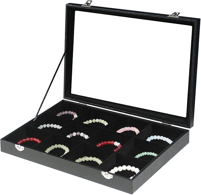 Coward Jewelry Organizer Box, Black Velvet 12 Grids Bracelet Bangle Necklace Jewelry Display Tray Case with Transparent Glass