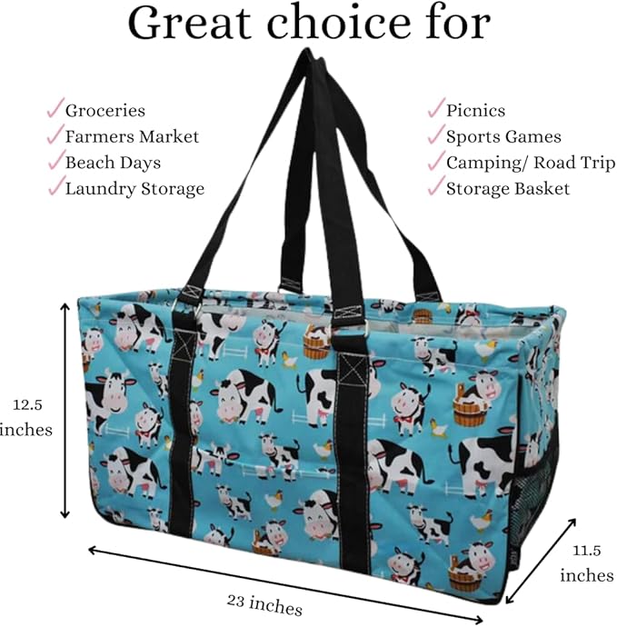 NGIL Extra Large Utility Tote Reusable Grocery Bag Oversized Collapsible for Groceries, Storage, Picnic, Beach (Cow in Town-Black)