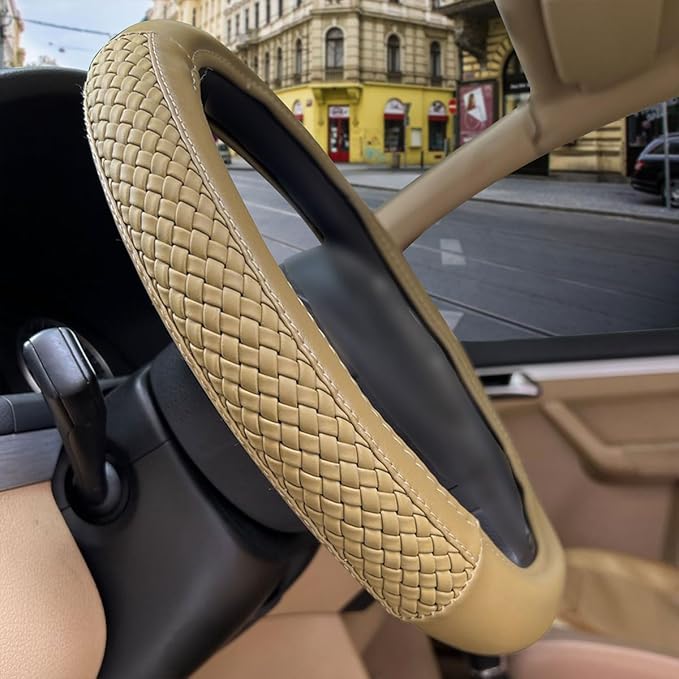 Flying Banner car Steering Wheel Cover Faux Leather Massage Universal fit 3D Honeycomb Hole Anti-Slip Sporty 15 Inches (Tan T