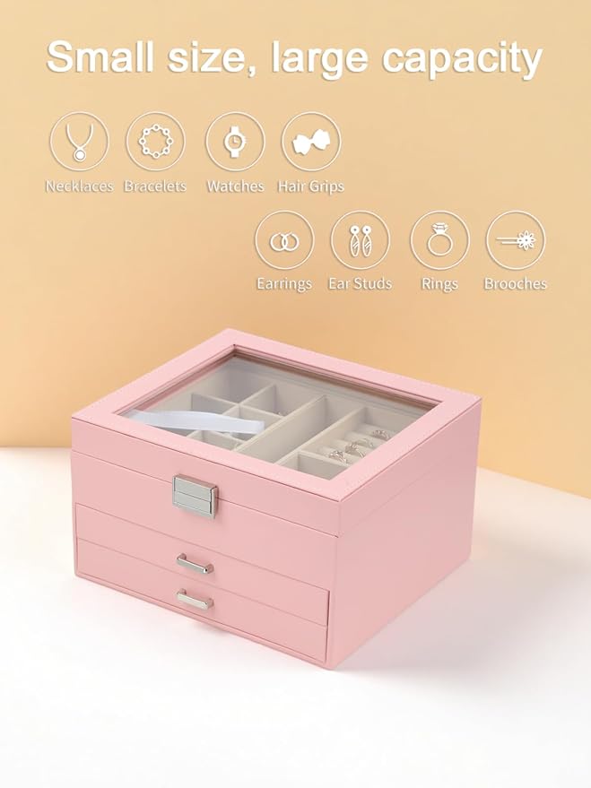 BOOVO Clear Lid Jewelry Box,3 Layers Jewelry Organizer Large Multi-Functional Jewelry Storage Box with 2 Drawers,Jewelry Disp
